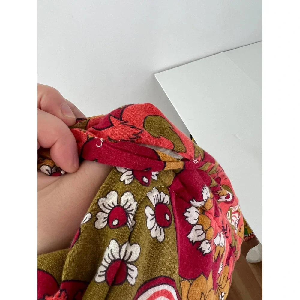 70s Red Orange Floral Bedspread Twin or Full Retro 70s Psychedelic Garden Cotton - Picture 6 of 8